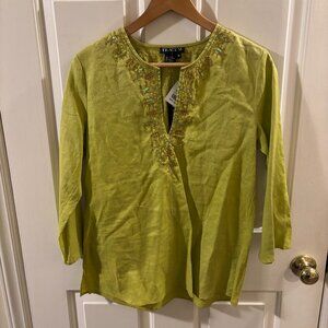 Tracy M. Women's Green Embellished 100% Linen V-Neck Tunic Top ~ Medium ~ NWT
